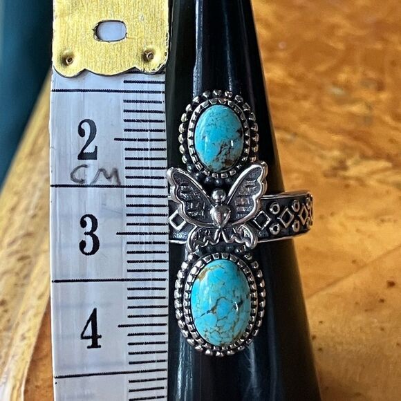 Natural Blue Moon Turquoise Sterling Silver Butterfly Ring Size 7 - Picture 6 of 9